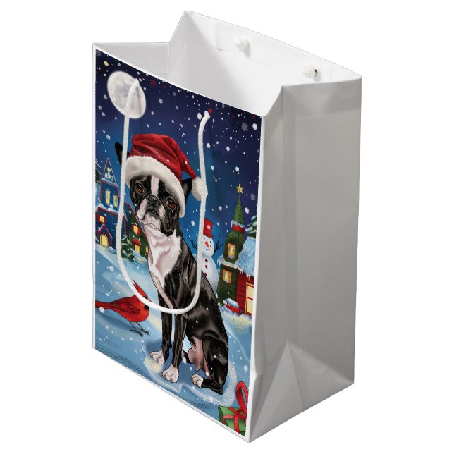 Boston Terrier Hund Winter Wonderland jul Joy (Framsidan Vinklad)
