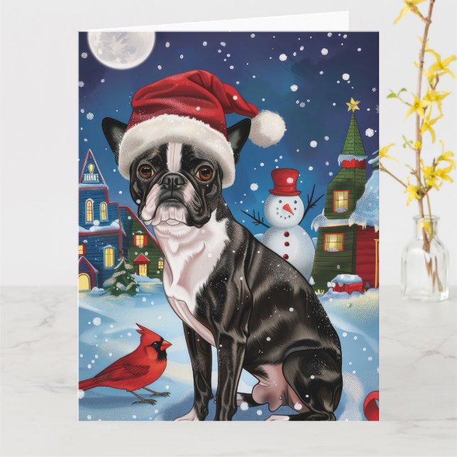 Boston Terrier Hund Winter Wonderland jul Joy Kort (Gul blomma)