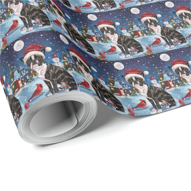 Boston Terrier Hund Winter Wonderland jul Joy Presentpapper (Rulle Hörn)
