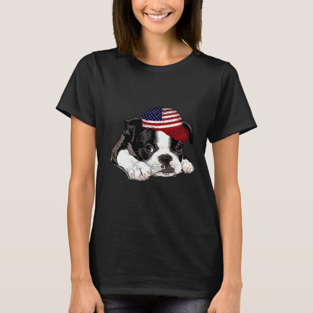 Boston Terrier Hund With American Flagga Hat Patri T Shirt (Framsida)