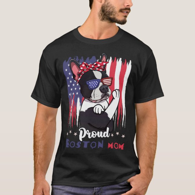 Boston Terrier Hund With Sunglasses American Flagg T Shirt (Framsida)