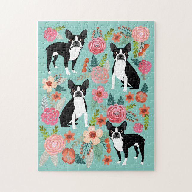 Boston Terrier Hundar Blommigt Pussel (Vertikal)