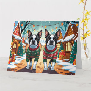 Boston Terrier Hundar jul jul Snö Helgdag Kort
