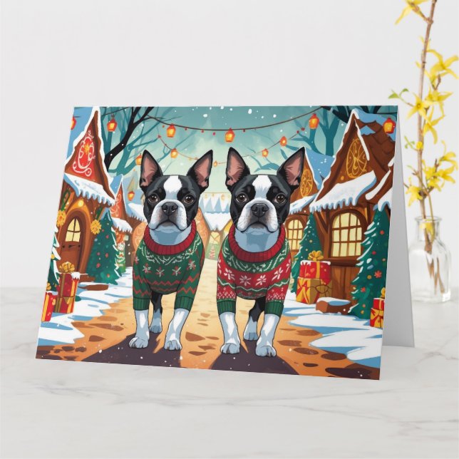 Boston Terrier Hundar jul jul Snö Helgdag Kort (Gul blomma)