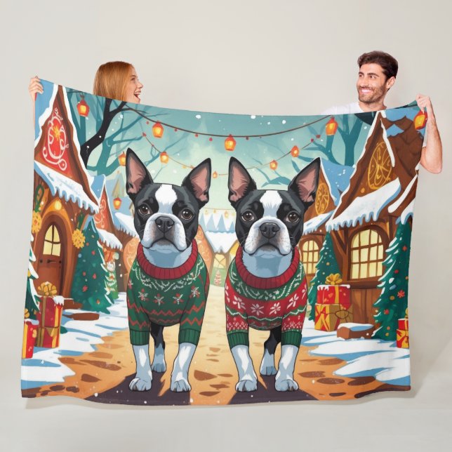 Boston Terrier Hundar Jul Snö Högtid Fleecefilt (På plats)