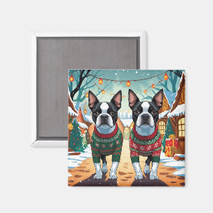 Boston Terrier Hundar Jul Snö Högtid Magnet