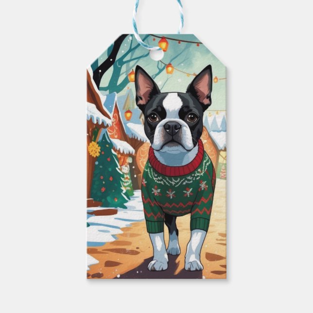 Boston Terrier Hundar Jul Snö Högtid Presentetikett (Framsidan)