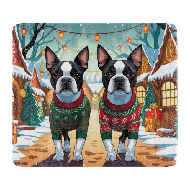 Boston Terrier Hundar Jul Snö Holiday (Framsidan)