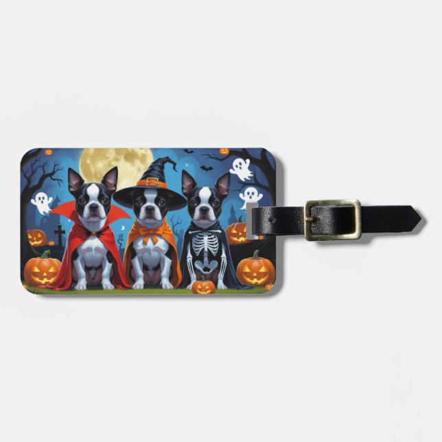 Boston Terrier Hundar Pumpkin Halloween Funny Bagagebricka (Horisontell Framsida)