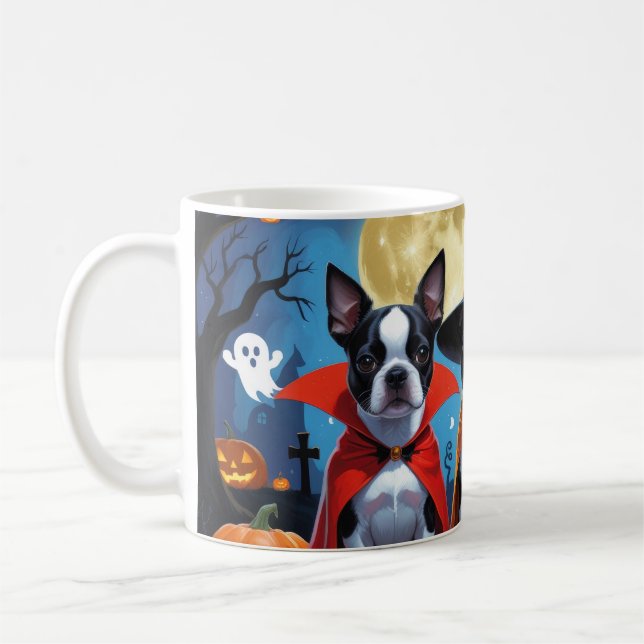 Boston Terrier Hundar Pumpkin Halloween Funny Kaffemugg (Vänster)