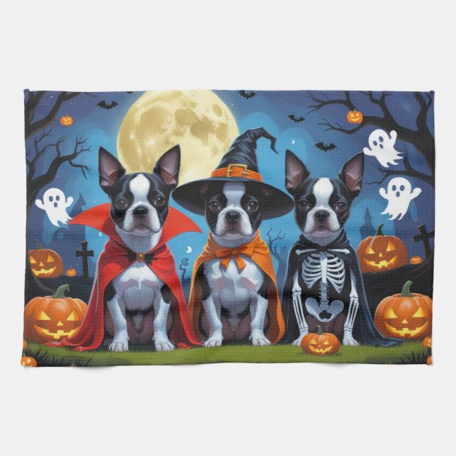 Boston Terrier Hundar Pumpkin Halloween Funny Kökshandduk (Horisontell)