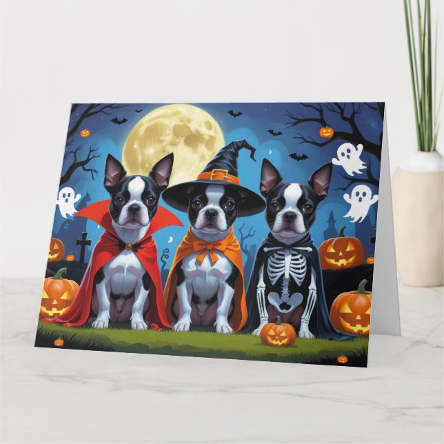 Boston Terrier Hundar Pumpkin Halloween Funny Kort (Framsida)