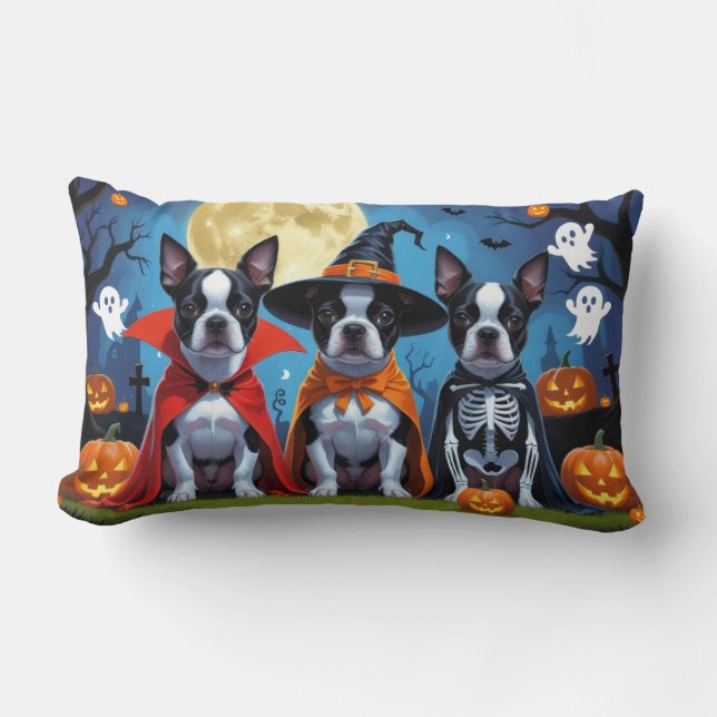 Boston Terrier Hundar Pumpkin Halloween Funny Lumbarkudde (Framsida)