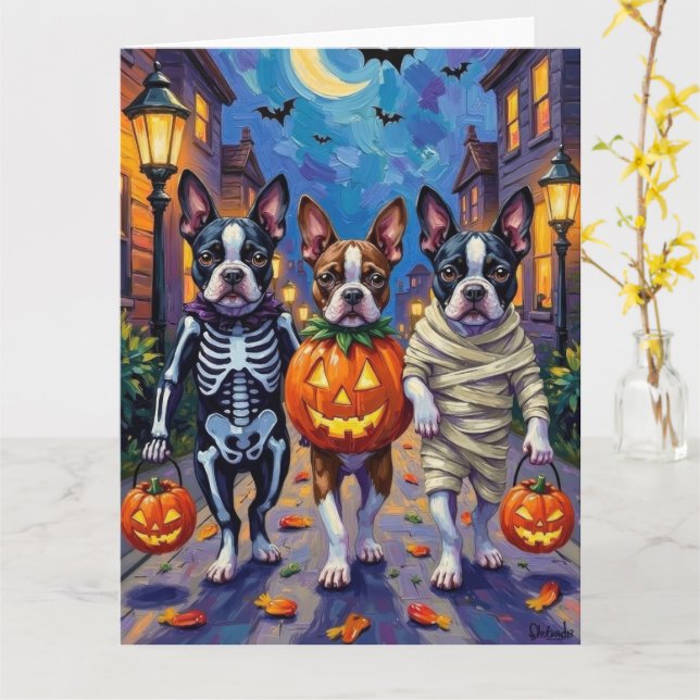 Boston Terrier Hundar Trick-or-Treating in Hallowe Kort (Gul blomma)