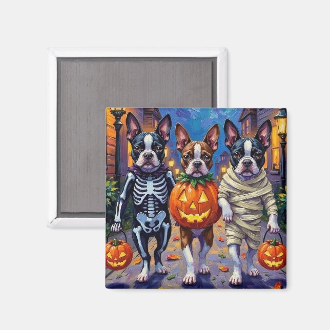 Boston Terrier Hundar Trick-or-Treating in Hallowe Magnet (Front/Back)
