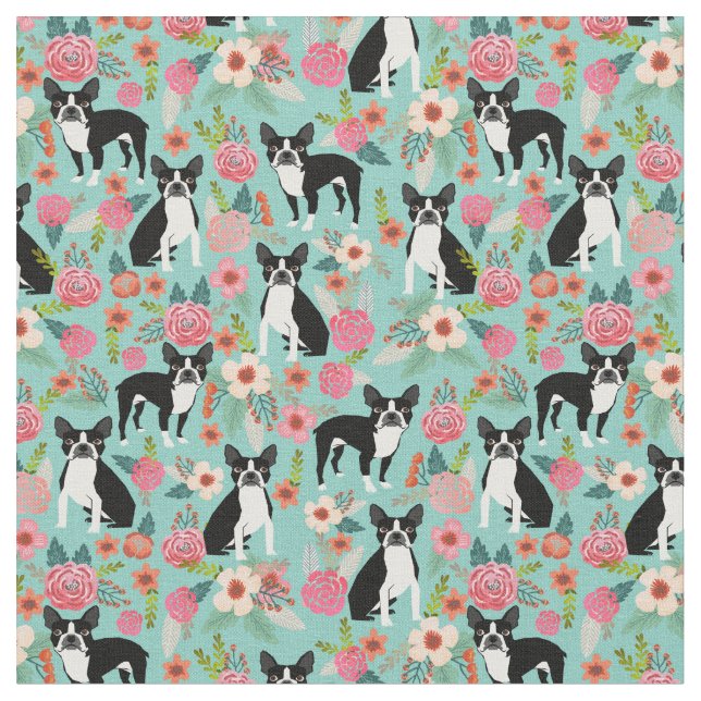 Boston Terrier hundar vintage blommigt Tyg (Närbild)