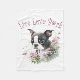 Boston Terrier Hundmamma Blommig Fleecefilt