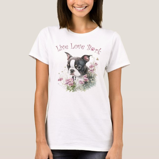 Boston Terrier Hundmamma Blommig T Shirt (Framsida)