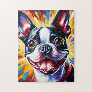Boston Terrier Hundporträtt Akryl Konsttryck Hund Pussel