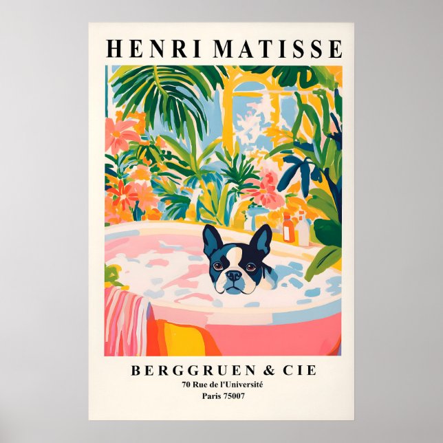 Boston Terrier i badkar konsttryck Matisse stil Poster (Framsidan)