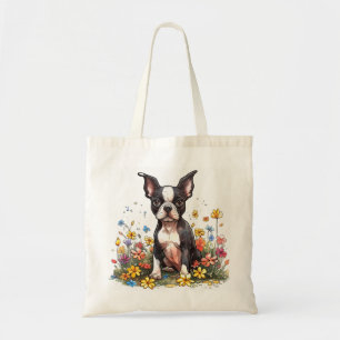 Boston Terrier i Bloom Tote Bag Tygkasse