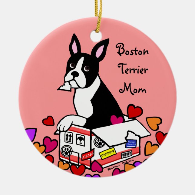 Boston Terrier i boxastecknaden Julgransprydnad Keramik (Framsidan)
