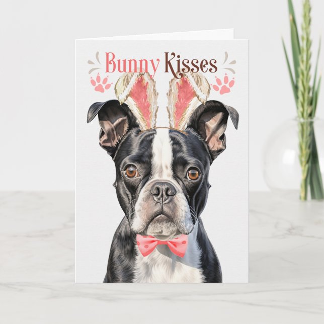 Boston Terrier i Bunny Öron för Påsk Helgkort (Framsida)