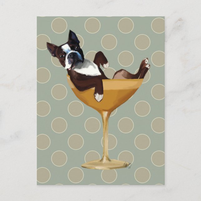 Boston Terrier i Cocktail Glass Vykort (Framsida)