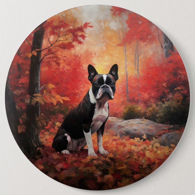 Boston Terrier i Höst löv Fall Inspire Knapp (Framsida)