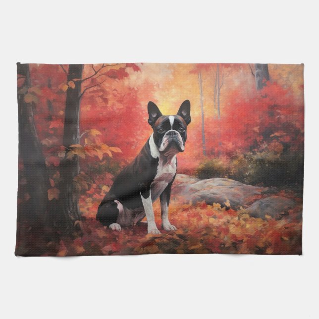 Boston Terrier i Höst löv Fall Inspire Kökshandduk (Horisontell)