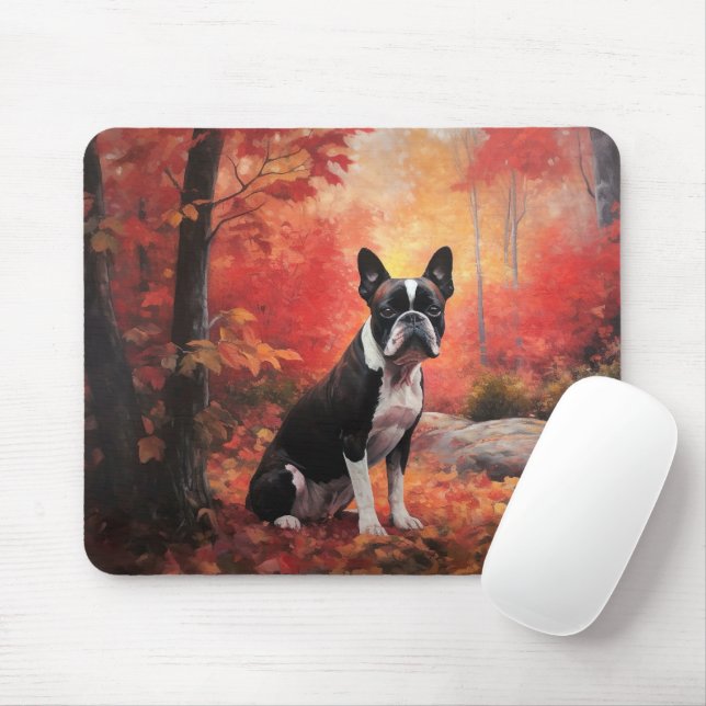 Boston Terrier i Höst löv Fall Inspire Musmatta (Med mus)