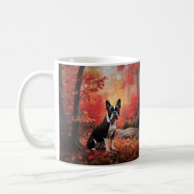 Boston Terrier i höstlöv Fall Inspire Kaffemugg (Vänster)