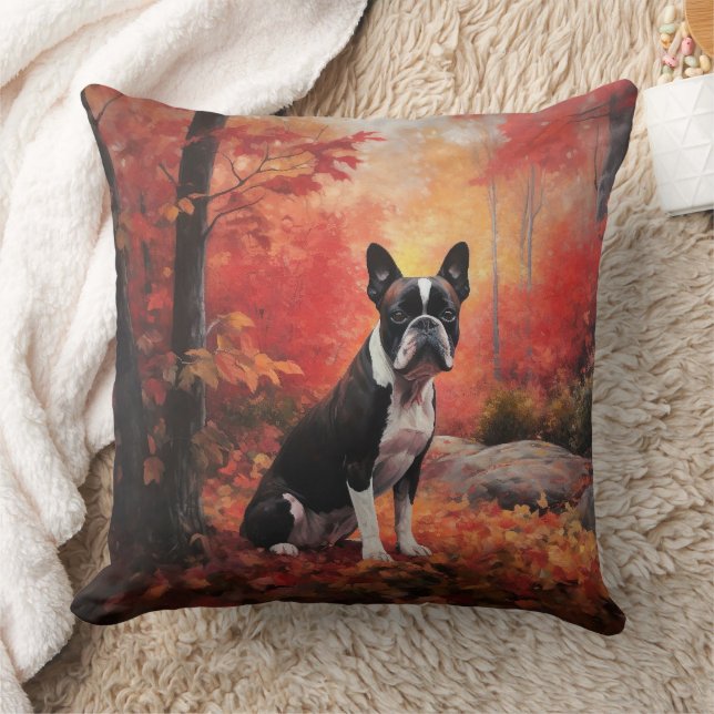 Boston Terrier i höstlöv Fall Inspire Kudde (Filt)