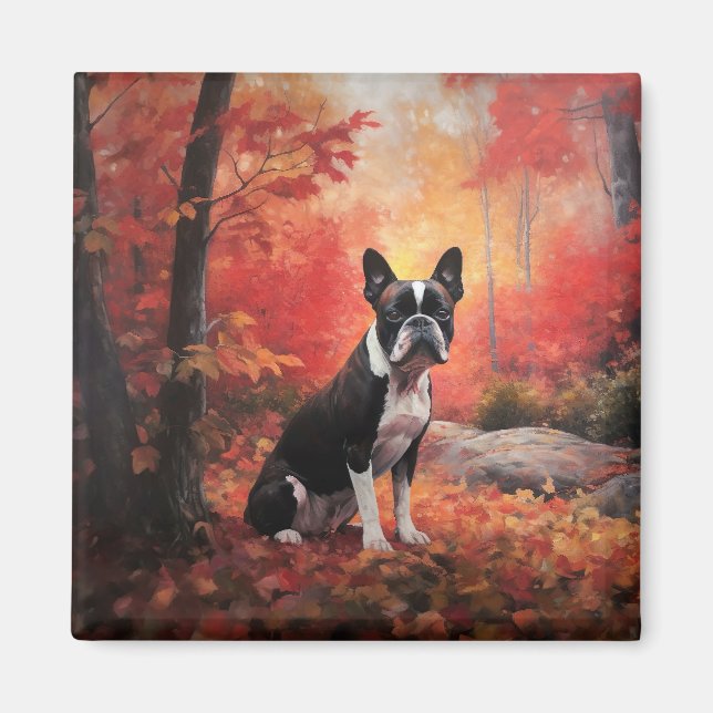 Boston Terrier i höstlöv Fall Inspire Magnet (Framsidan)