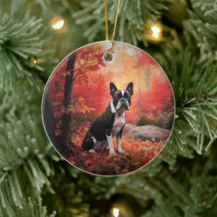Boston Terrier i höstlöv Fall Inspirera Julgransprydnad Keramik