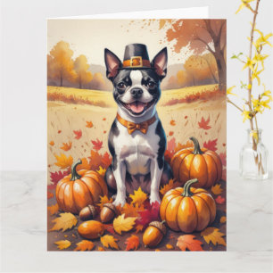 Boston Terrier i höstlöv Thanksgiving konst Kort