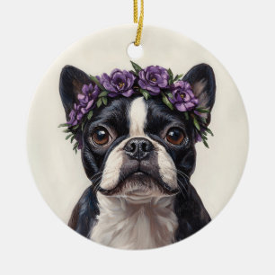 Boston Terrier i Lila Flower Krona Julgransprydnad Keramik