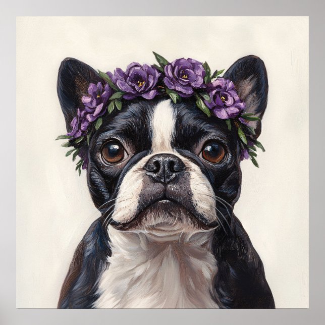 Boston Terrier i Lila Flower Krona Poster (Framsidan)