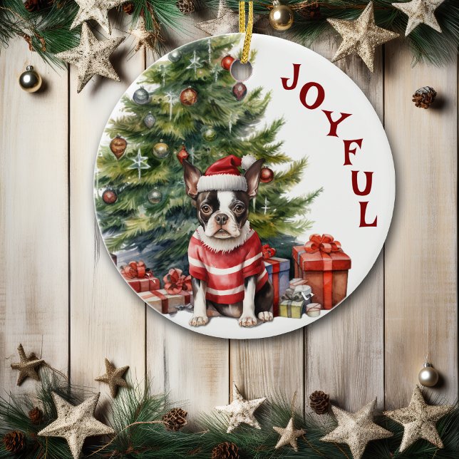 Boston Terrier i Sweater och Hat jul Julgransprydnad Keramik (Skapare uppladdad)