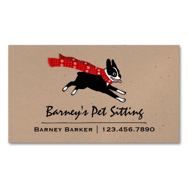 Boston Terrier iförd röd vinterhalsduk Magnetiska Visitkort (Framsida)