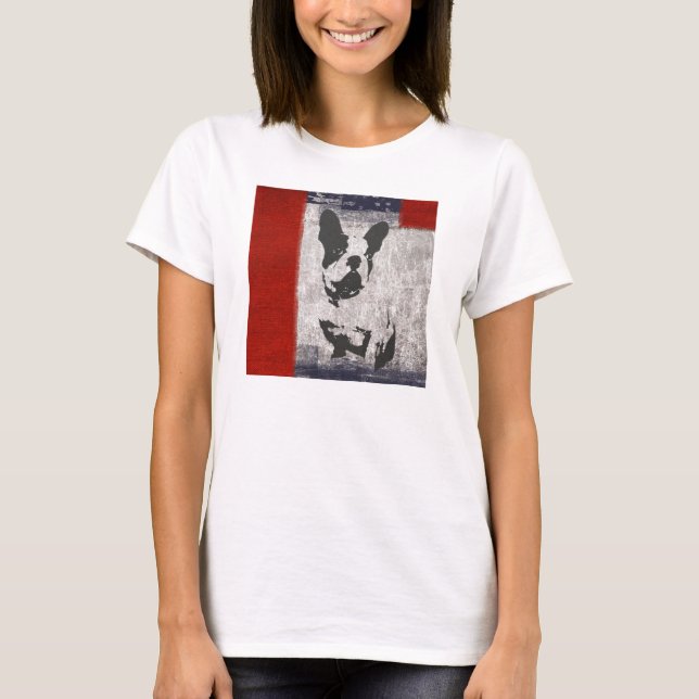 Boston Terrier in Black and White With Red Gräns Tee Shirt (Framsida)