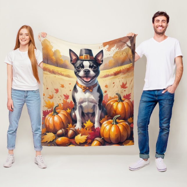 Boston Terrier In Höst löv Thanksgiving Art Fleecefilt (På plats)