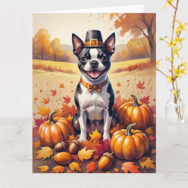 Boston Terrier In Höst löv Thanksgiving Art Kort (Gul blomma)