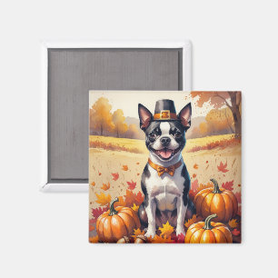 Boston Terrier In Höst löv Thanksgiving Art Magnet