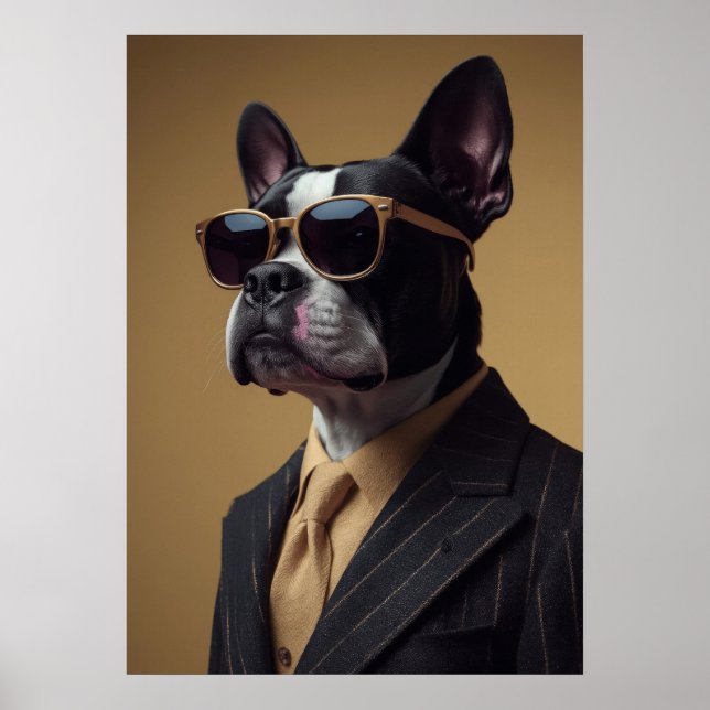 Boston Terrier in Pinstripe Suit and Sunglasses Poster (Framsidan)