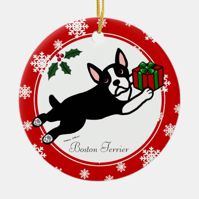 Boston Terrier jul 2 Tecknad Snöflingor Julgransprydnad Keramik (Framsidan)