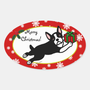Boston Terrier jul 2 Tecknad Snöflingor Ovalt Klistermärke