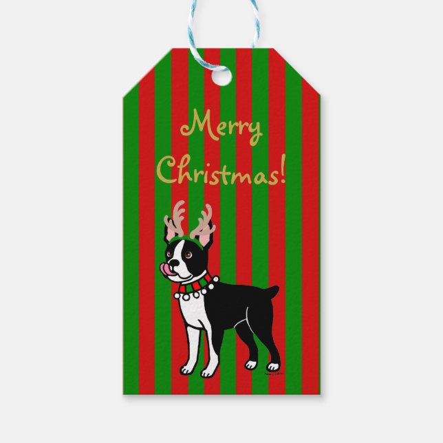Boston Terrier jul Antlers Presentetikett (Framsidan)