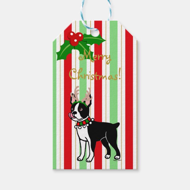 Boston Terrier jul Antlers Presentetikett (Framsidan)