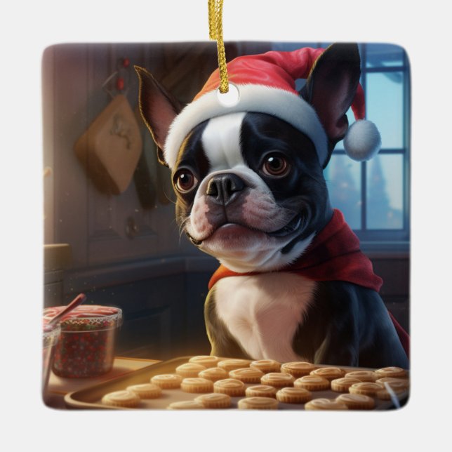 Boston Terrier jul Cookies Festive Helgdag Julgransprydnad Keramik (Framsida)